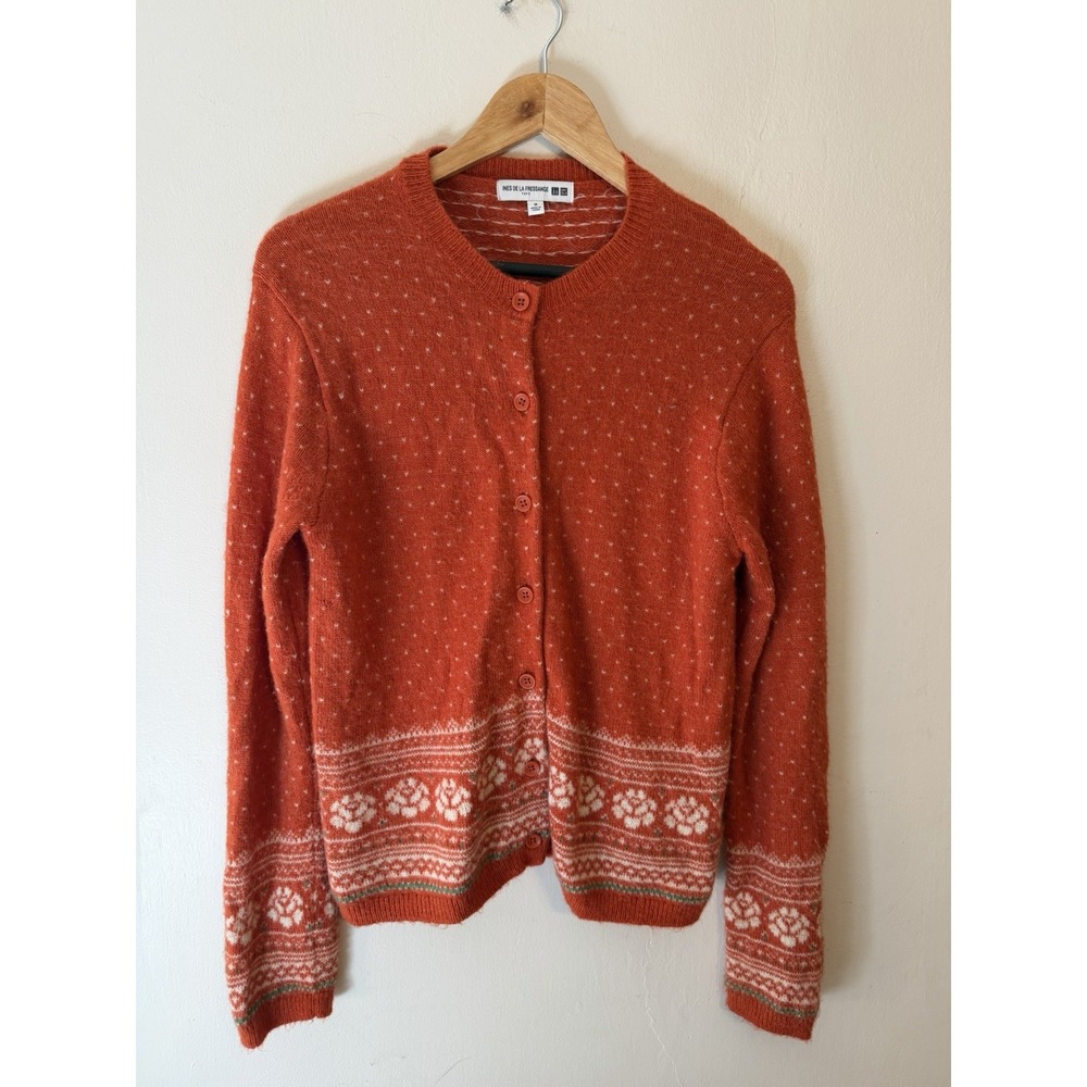 Ines De La Fressange X Uniqlo Orange Floral Wool Blend Cardigan Sweater Retro M